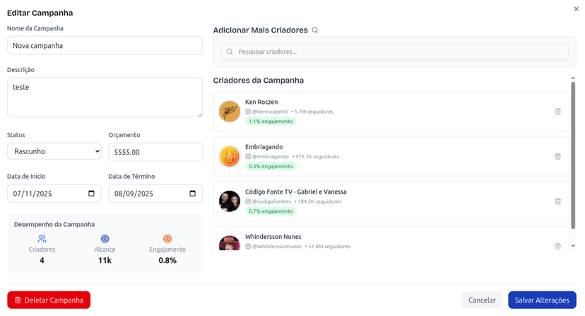 Dashboard de criadores
